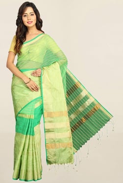 Pavecha's Green Striped Cotton Silk Saree With Blouse