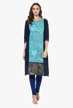 Mytri Turquoise & Navy Printed Cotton Straight Kurta