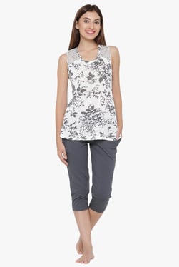 Clovia White & Grey Floral Print Top & Capri Set