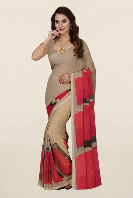 Ishin Beige Printed Faux Georgette Saree