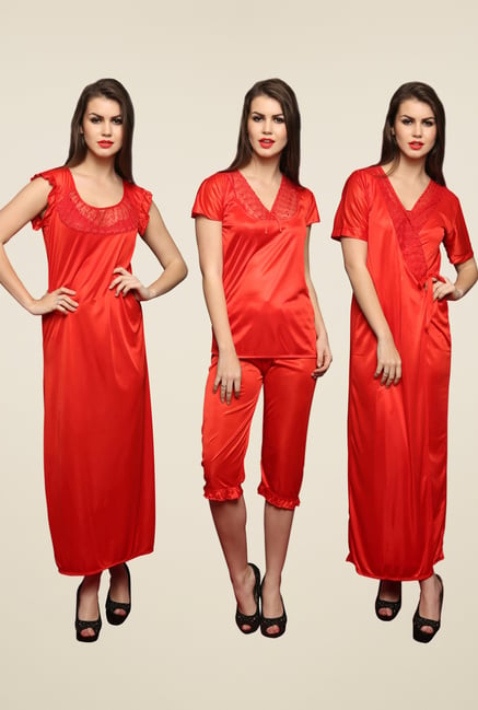 Clovia Red Solid Nightwear Set