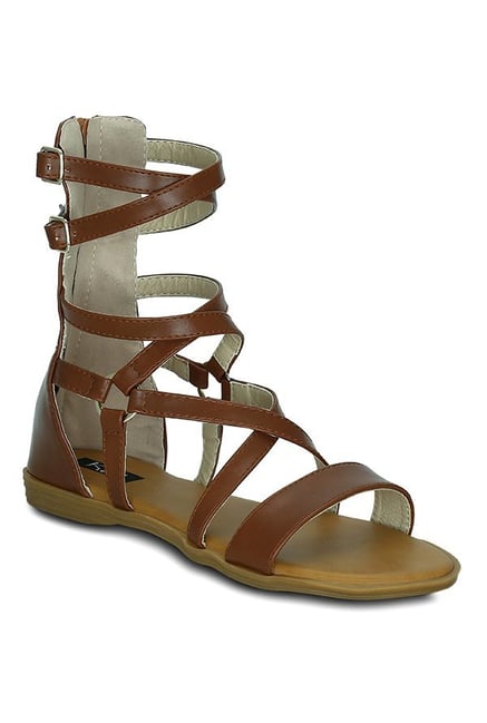Women's handmade flat gladiator sandals in tan leather with zip