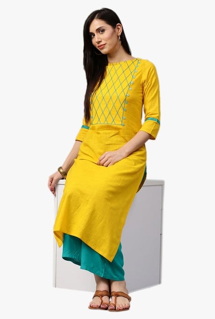 Buy Mustard Yellow Loose A Line Kurti With Sage Green Dhoti Online - Kalki  Fashion