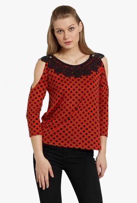 Ladies Tops Red Cold Shoulder Shirt Globus Red Polka Dot Cold