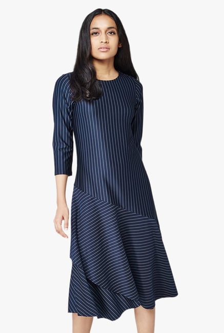 navy blue striped asymmetric dress