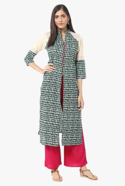 Jaipur Kurti Green & Pink Printed Cotton Kurta With Palazzo