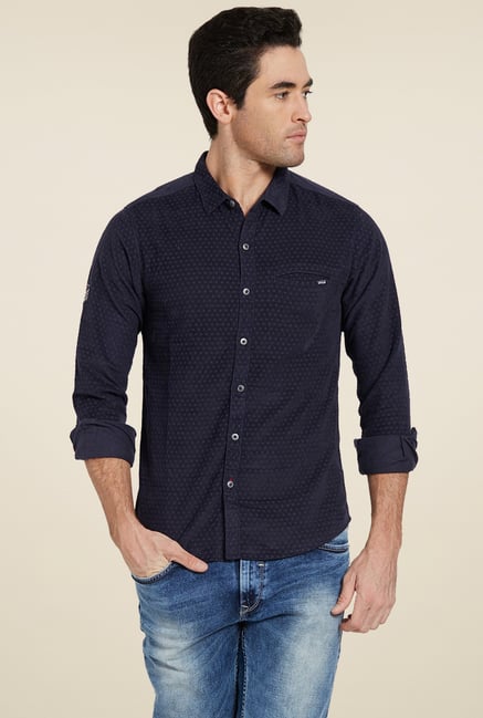 Spykar Navy Full Sleeves Slim Fit Shirt 