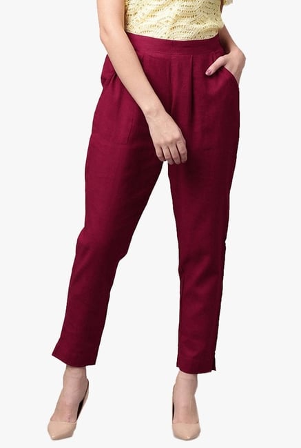 Jaipur Kurti Maroon Regular Fit Textured Pleated Pants