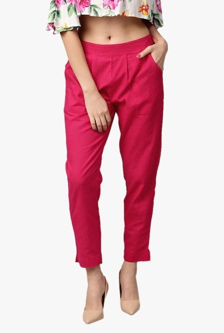 Jaipur Kurti Pink Regular Fit Cotton Pleated Pants