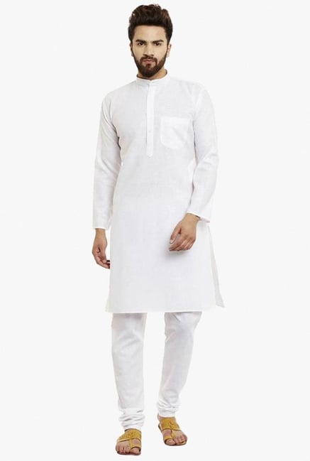 Sojanya White Full Sleeves Solid Linen Blend Kurta Set