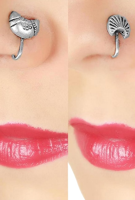 Buy Tjori White Silver Crescent Moon Nose Pin Set Of 2 For Women