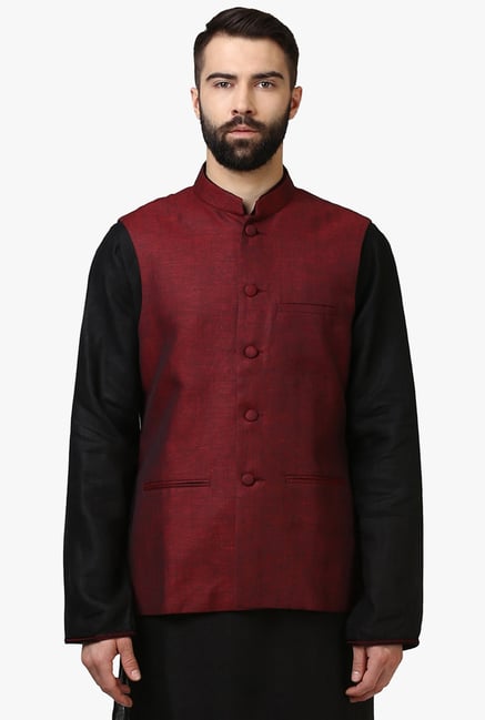 Raymond Maroon Contemporary Fit Sleeveless Linen Jacket