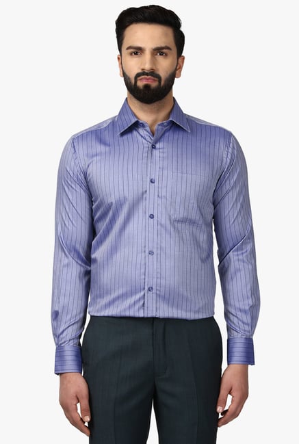 Buy Raymond Supima Dark Blue Striped Full Sleeves Cotton Shirt for
