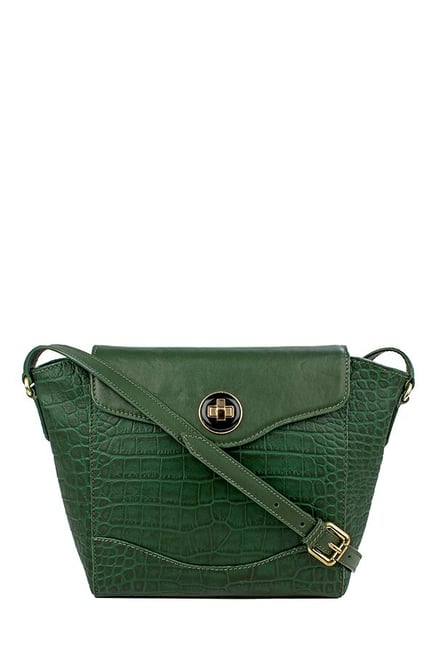 green leather sling bag