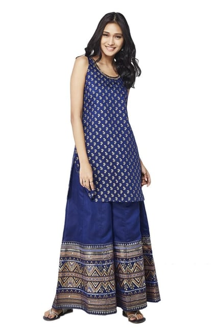 Global Desi Ink Blue Printed Kurta With Palazzo