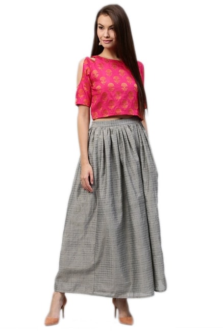 Jaipur Kurti Pink & Grey Jacquard Crop Top With Skirt Price in India