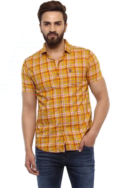mufti mustard yellow checked casual shirt