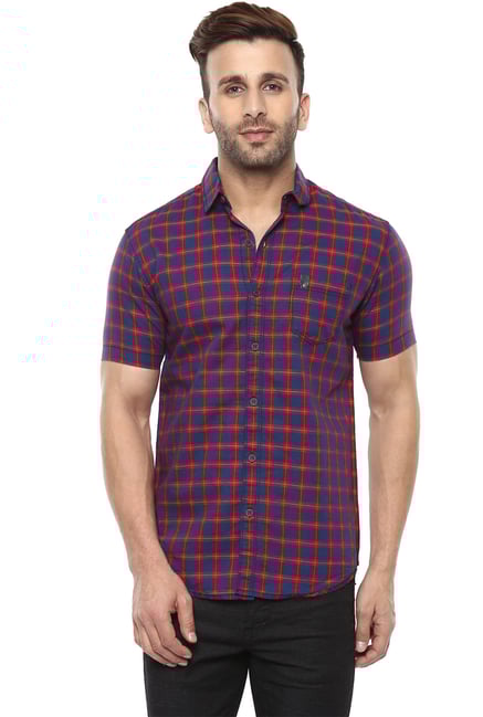 Buy Mufti Red Dark Blue Half Sleeves Slim Fit Shirt for Men