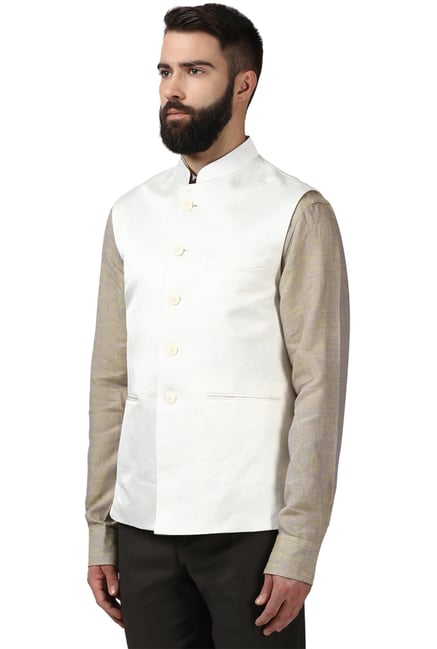 Raymond White Sleeveless Solid Linen Blend Jacket