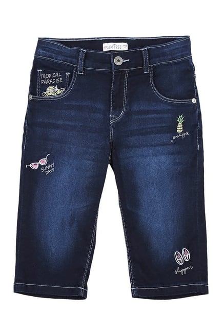 Gini & Jony Kids Palm Tree Blue Embroidered Pedal Pusher