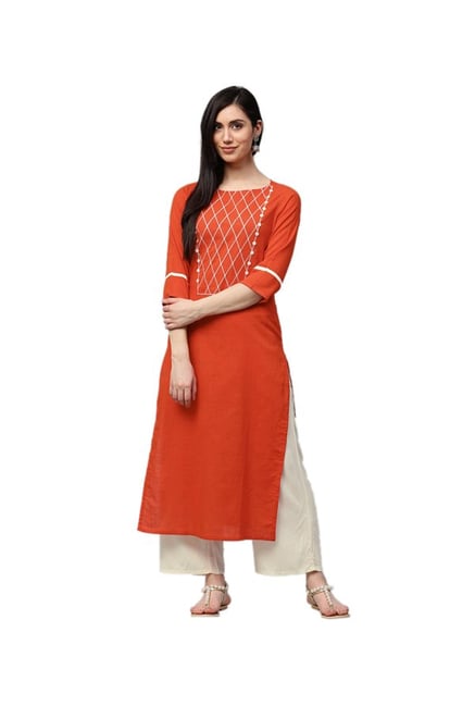 Jaipur Kurti Rust & Off White Cotton Kurta With Palazzo