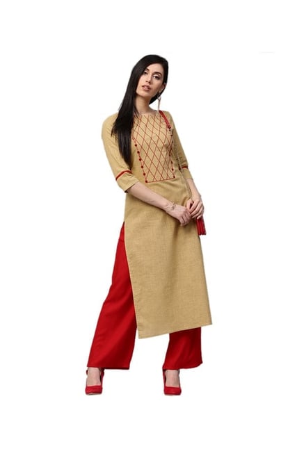 Jaipur Kurti Beige & Red Embroidered Kurta & Palazzo