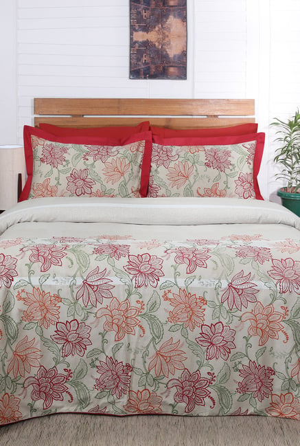 Buy Maspar Cream Red Floral Duvet Cover With 2 Pillow Covers