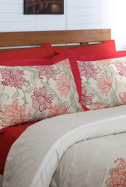 Buy Maspar Cream Red Floral Duvet Cover With 2 Pillow Covers