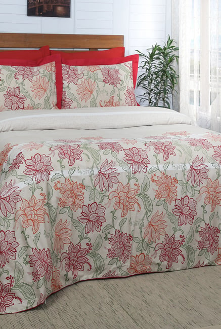 Buy Maspar Cream Red Floral Duvet Cover With 2 Pillow Covers