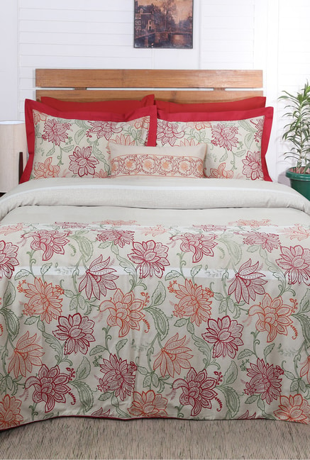Buy Maspar Cream Red Floral Cotton Duvet Cover Set Online At