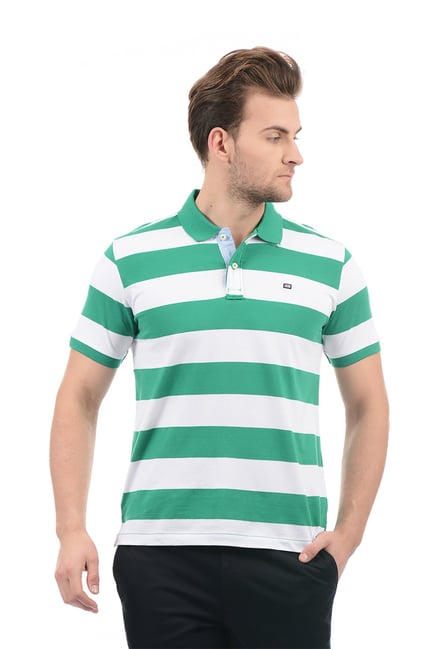 green and white hooped polo shirt