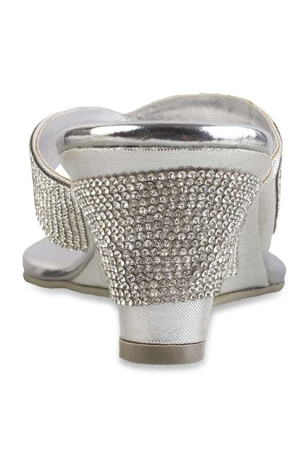 Silver Dress Sandals Silver Wedges Wide Width FLORAL Elisa Women's