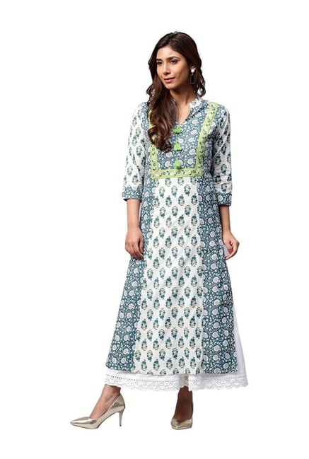 Jaipur Kurti Off White & Blue Printed Cotton Kurta