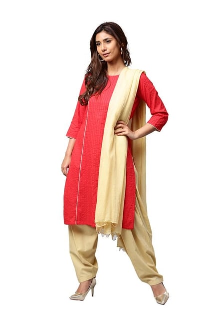 Jaipur Kurti Red & Cream Cotton Patiala Set