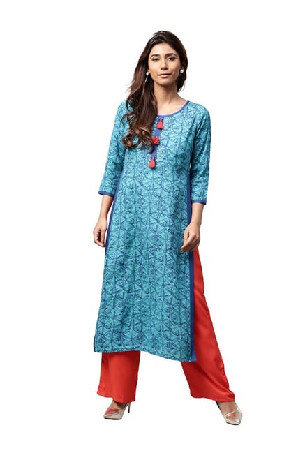 Jaipur Kurti Turquoise & Rust Printed Rayon Palazzo Set