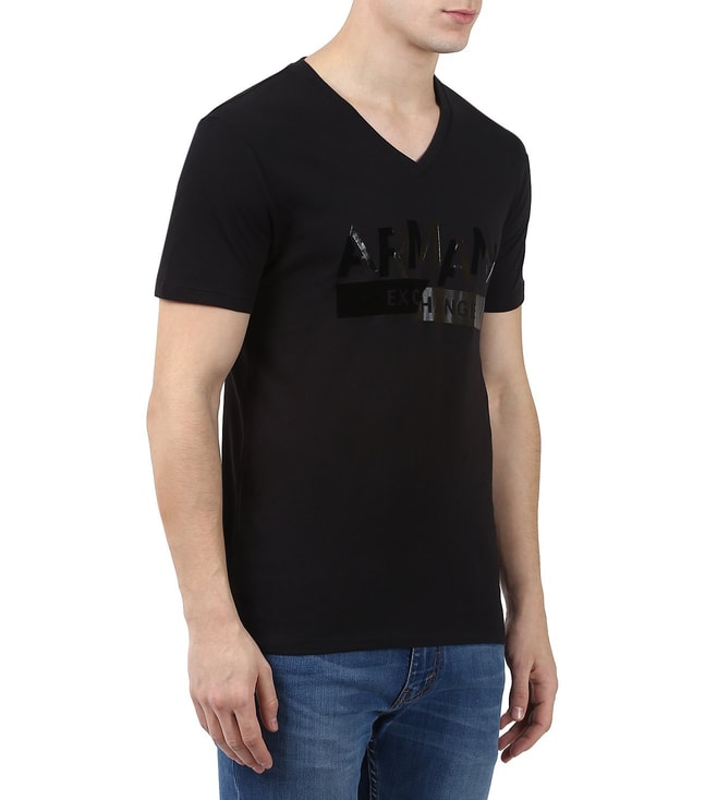 Buy Armani Exchange Black Logo Print V Neck Slim Fit T-Shirts for Men ...