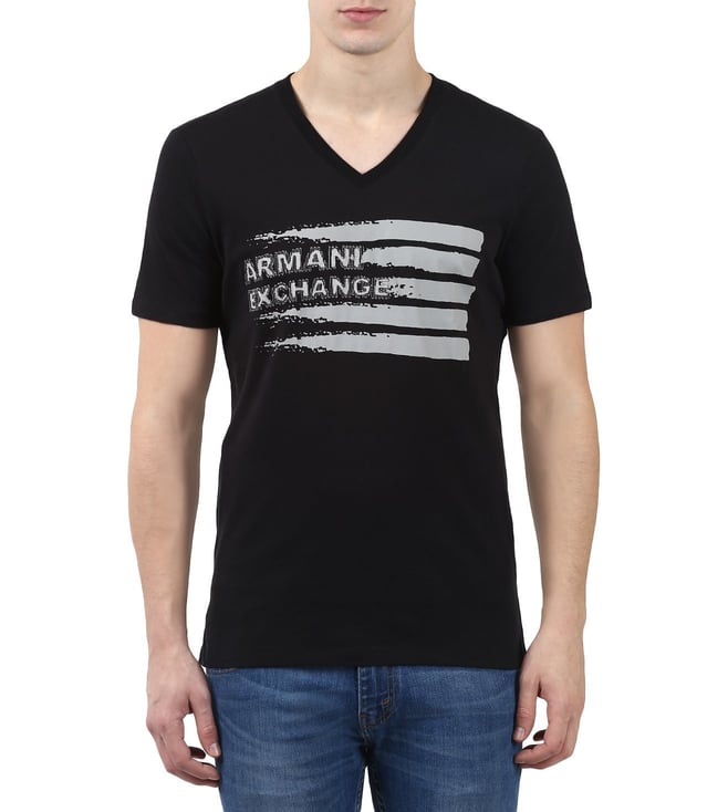 Buy Armani Exchange Black Graphic Print V Neck T-Shirts for Men Online ...