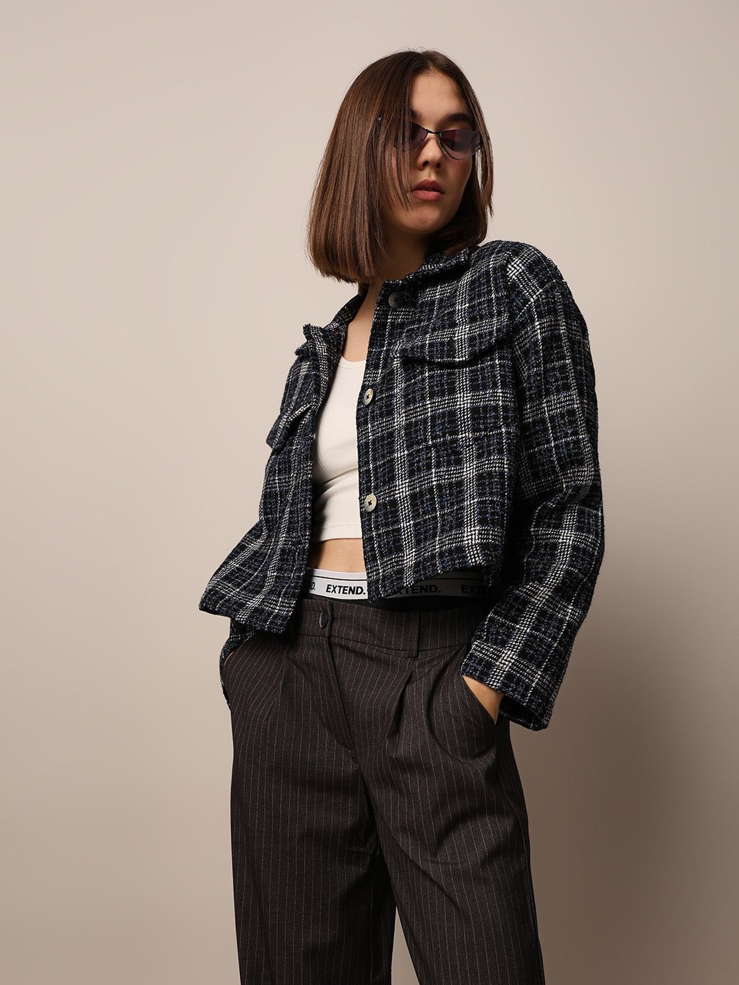 Andequal checked over jacket blue Blue Contrast Denim Detail Plaid