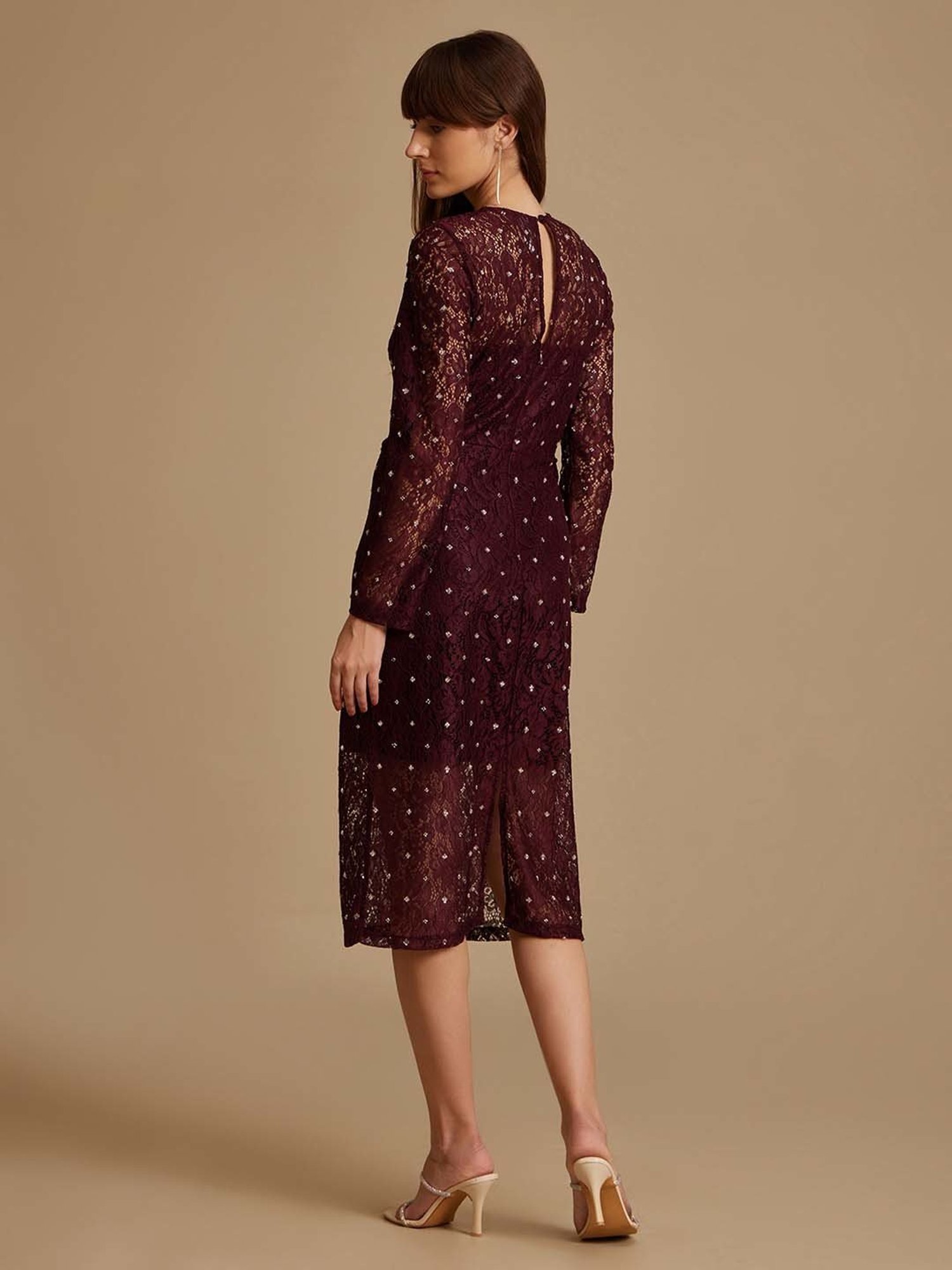 Kazo Maroon Embellished Midi Dress