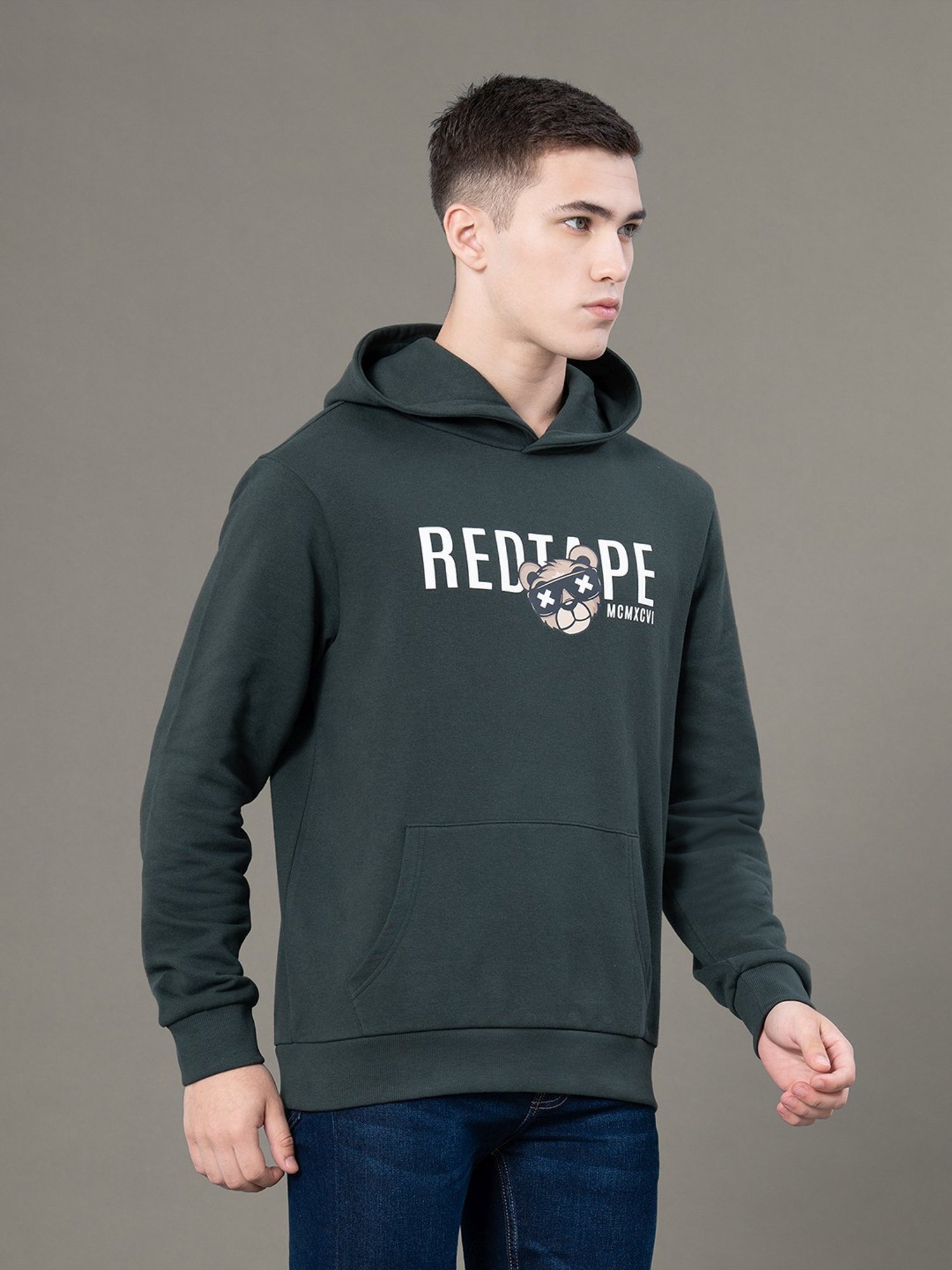 Buy Red Tape Green Baggy Fit Printed Hooded Sweatshirt for Mens