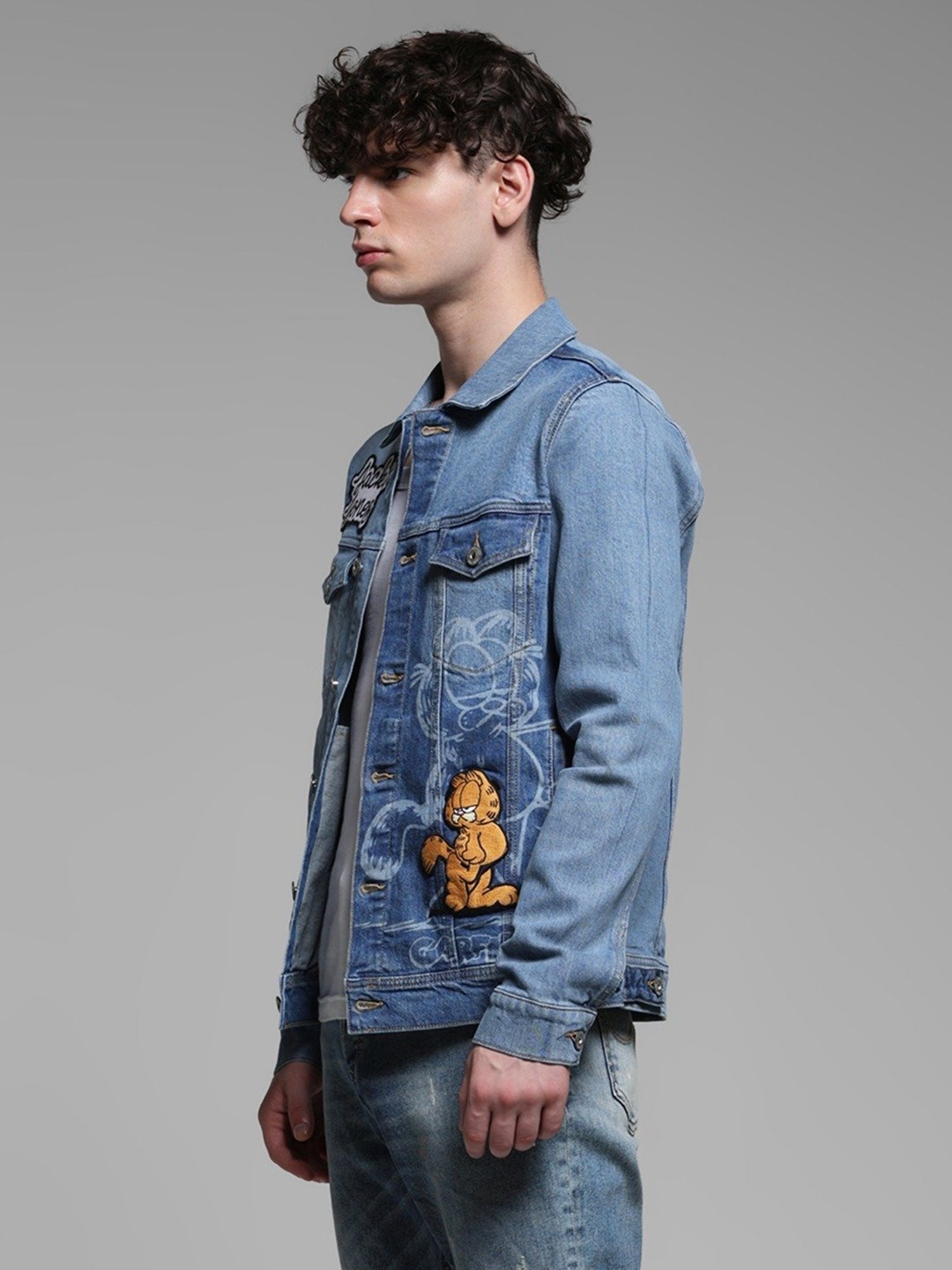 Jack & Jones Blue Cotton Regular Fit Printed Denim Jacket