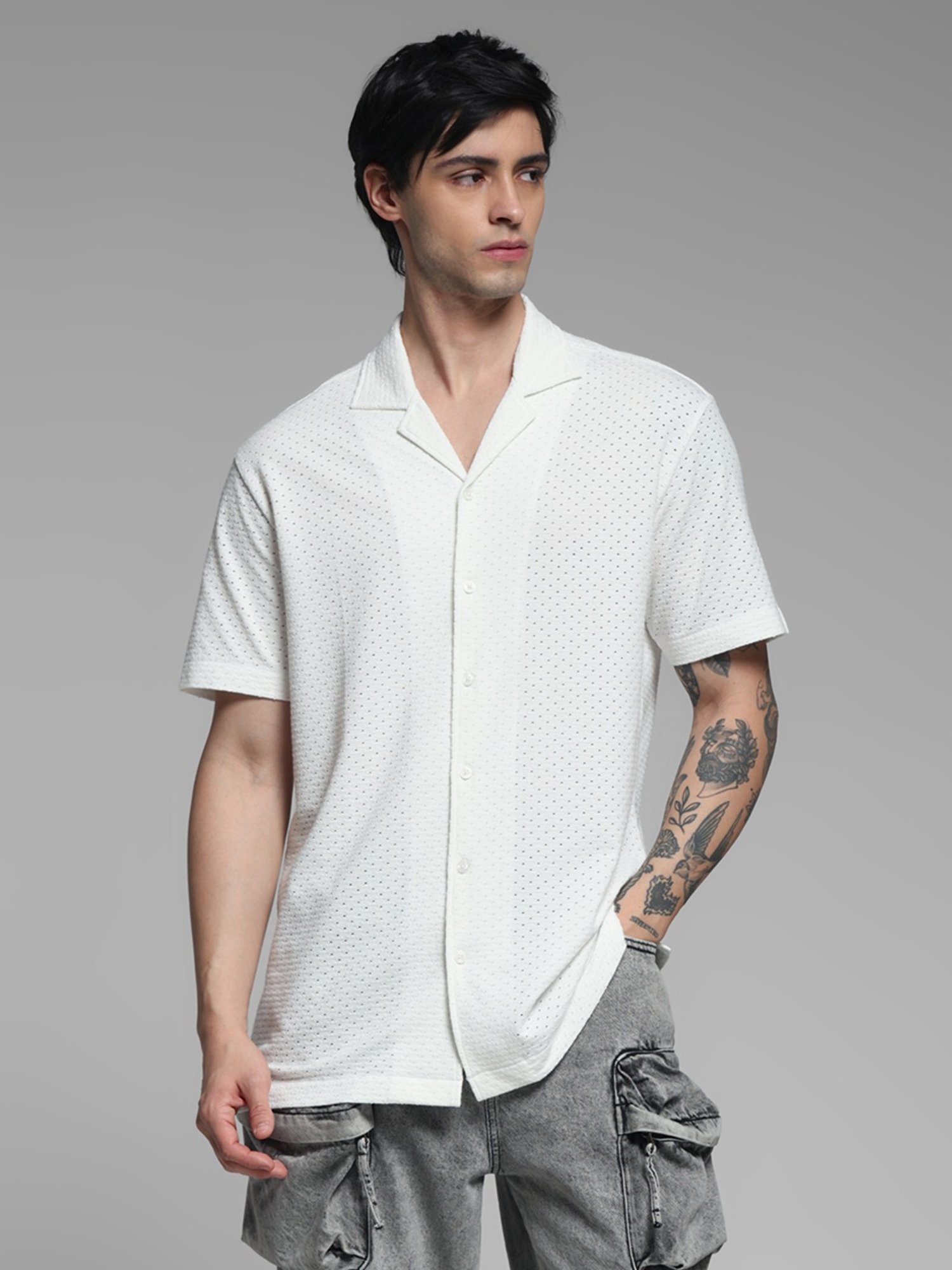 Jack & Jones White Cotton Comfort Fit Self Pattern Shirts