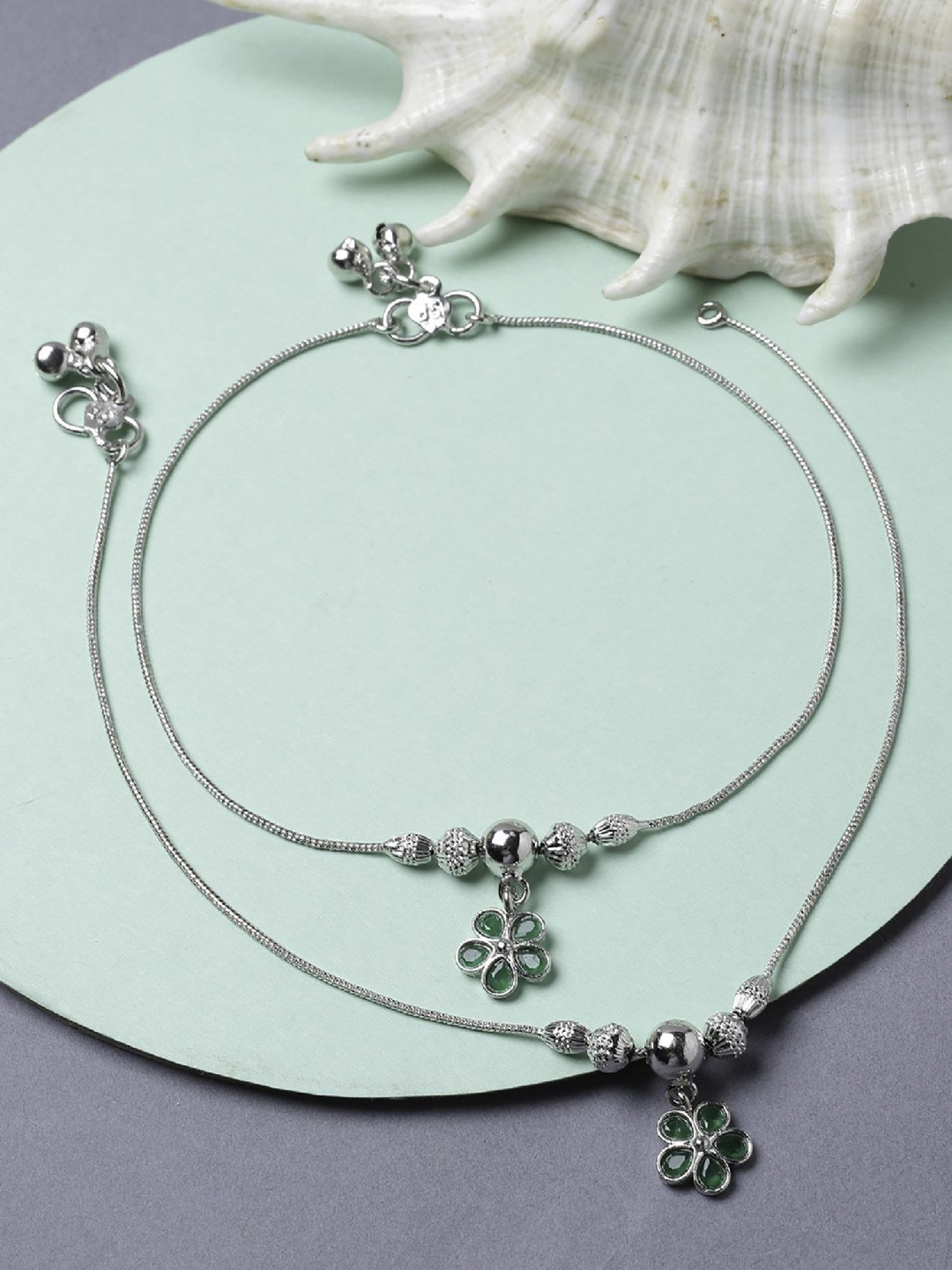 ame Buy Zeneme Silver Plated Oxidised Stone Studded Pair of Anklets