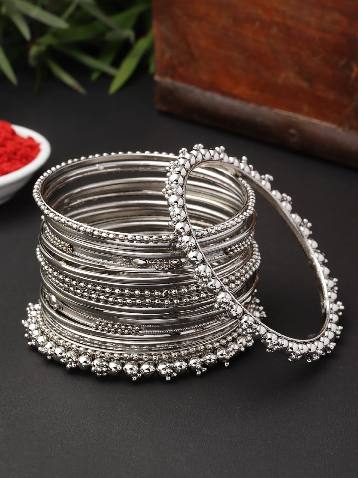 Buy Zeneme Antique Silver Oxidised Classic Bangles Pack of 20