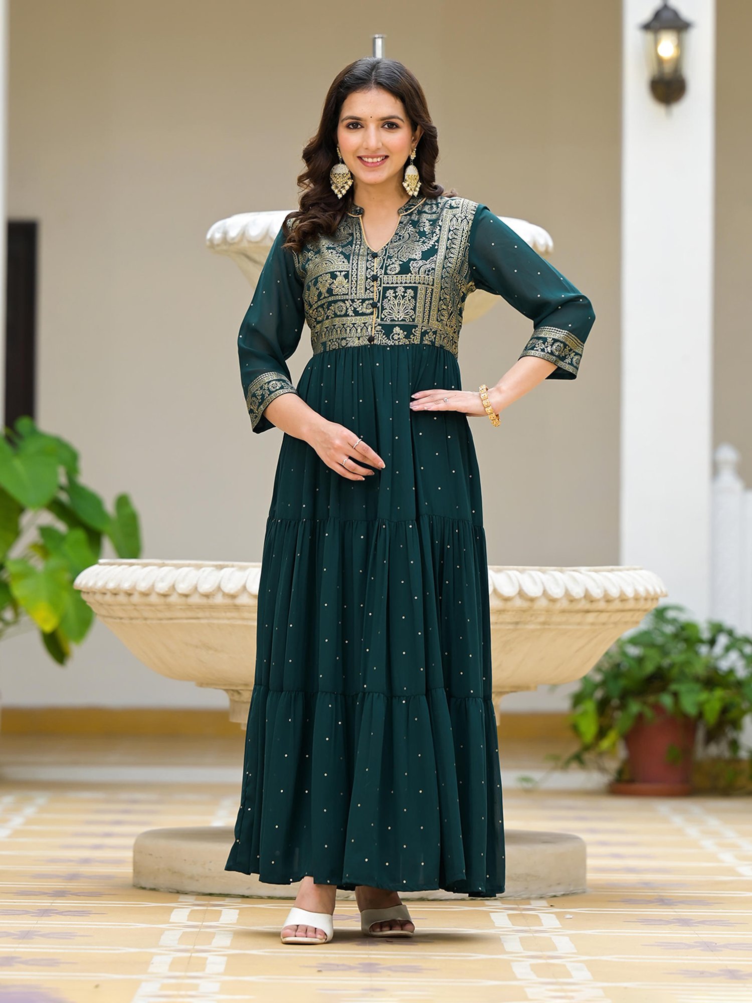 green emerald velvet dress Green Anarkali Cotton Hand Block Printed Ethnic Maxi Dress – Gulab Chand  Trends main image 0