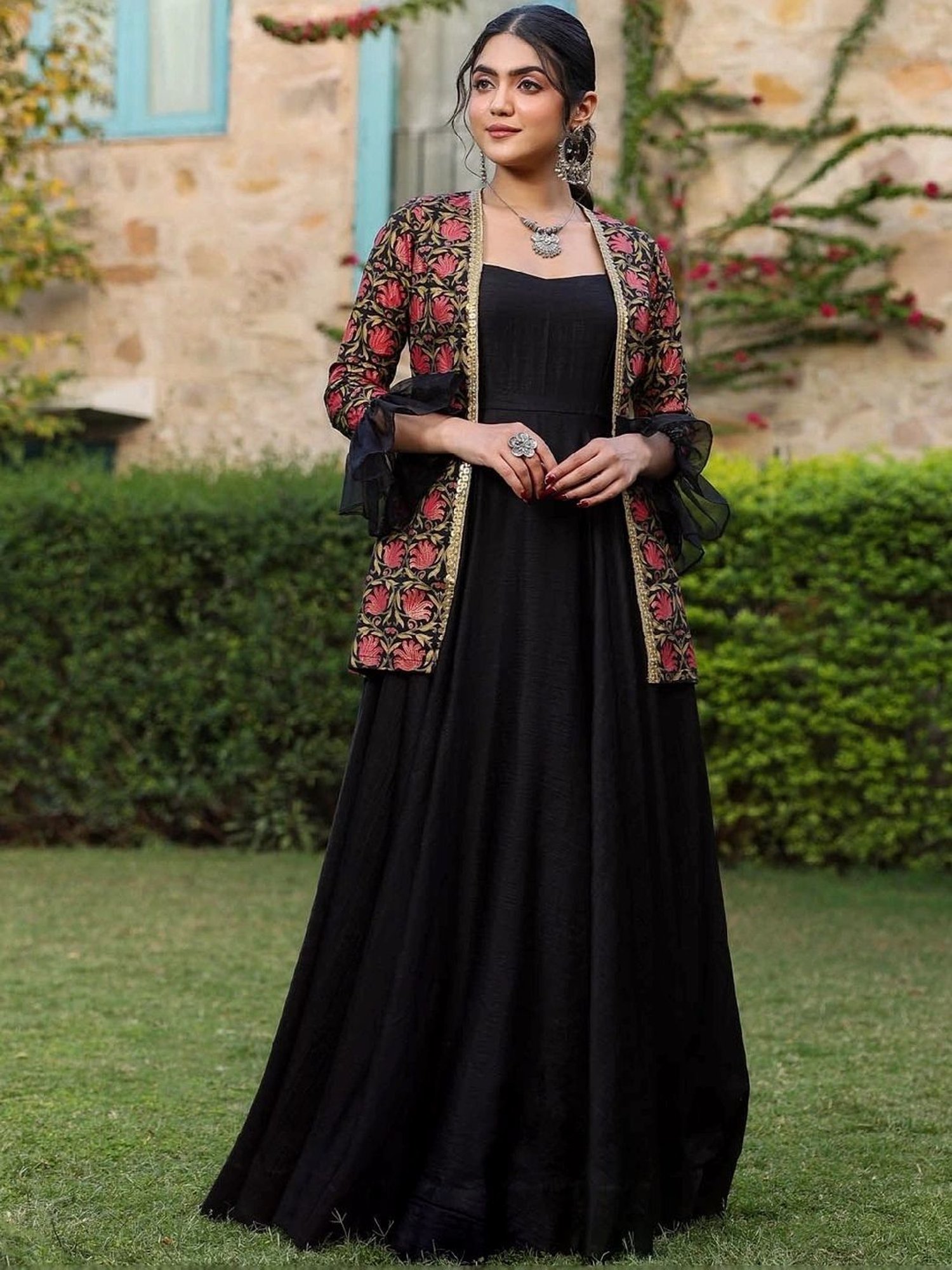 long jacket dresses for special occasions Long Formal Dress with Beaded Long-Sleeve Jacket Black / 18