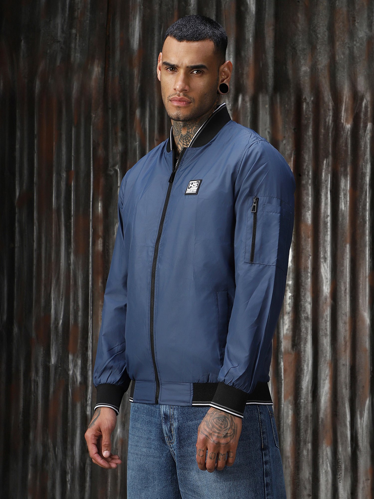 High Star Blue Polyester Relaxed Fit Casual jackets