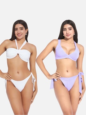 Secrets By ZeroKaata Purple & White Plain Swimwear Bikini - Pack Of 2