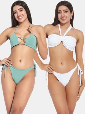 Secrets By ZeroKaata Green & White Plain Swimwear Bikini - Pack Of 2