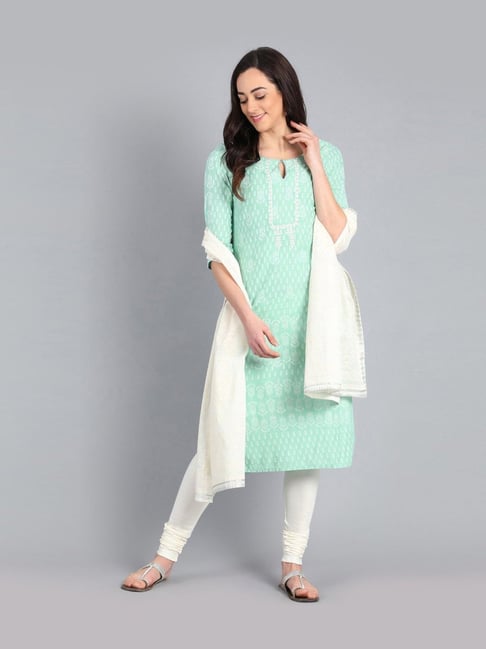 W Green Printed Straight Kurti